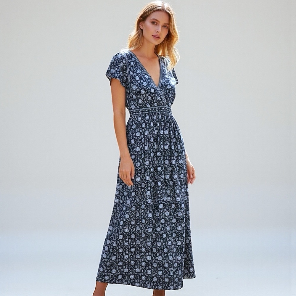 Max Studio Navy Floral Empire Waist Maxi Dress V Neck Boho NWT